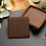 Personalized leather coasters set of 6 w/holder, Custom Coaster set Engraved coasters, Leatherette Coasters, 3rd Anniversary leather coaster