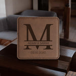 Personalized leather coasters set of 6 w/holder, Custom Coaster set Engraved coasters, Leatherette Coasters, 3rd Anniversary leather coaster