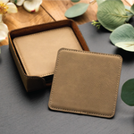 Personalized leather coasters set of 6 w/holder, Custom Coaster set Engraved coasters, Leatherette Coasters, 3rd Anniversary leather coaster