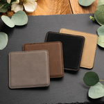 Personalized leather coasters set of 6 w/holder, Custom Coaster set Engraved coasters, Leatherette Coasters, 3rd Anniversary leather coaster