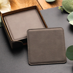 Personalized leather coasters set of 6 w/holder, Custom Coaster set Engraved coasters, Leatherette Coasters, 3rd Anniversary leather coaster